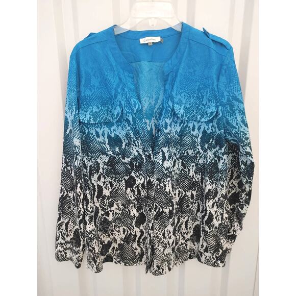 Calvin Klein Button Down Blouse Top Vneck Snake Print Large Blue Black - Picture 1 of 5